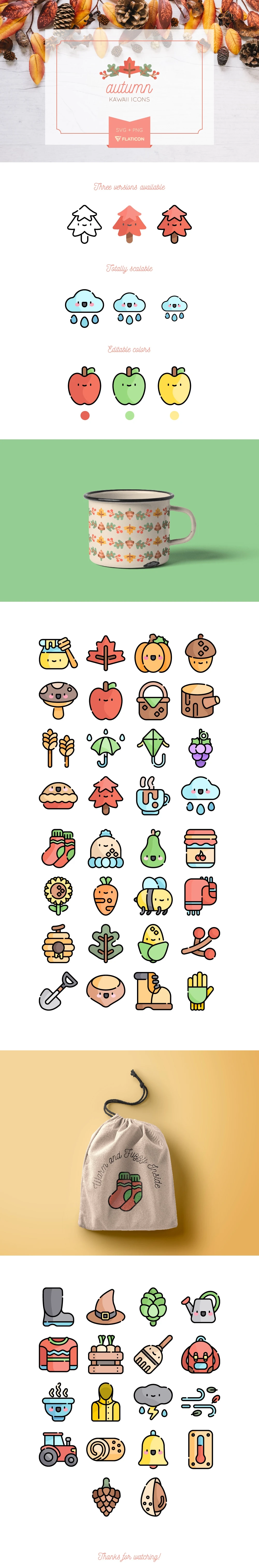 Autumn Kawaii Icon Set - In total there are 50 icons in the set and are available in both SVG and PNG formats. They’re all editable, scabale, and come in a choice of flat, line or colored line styles