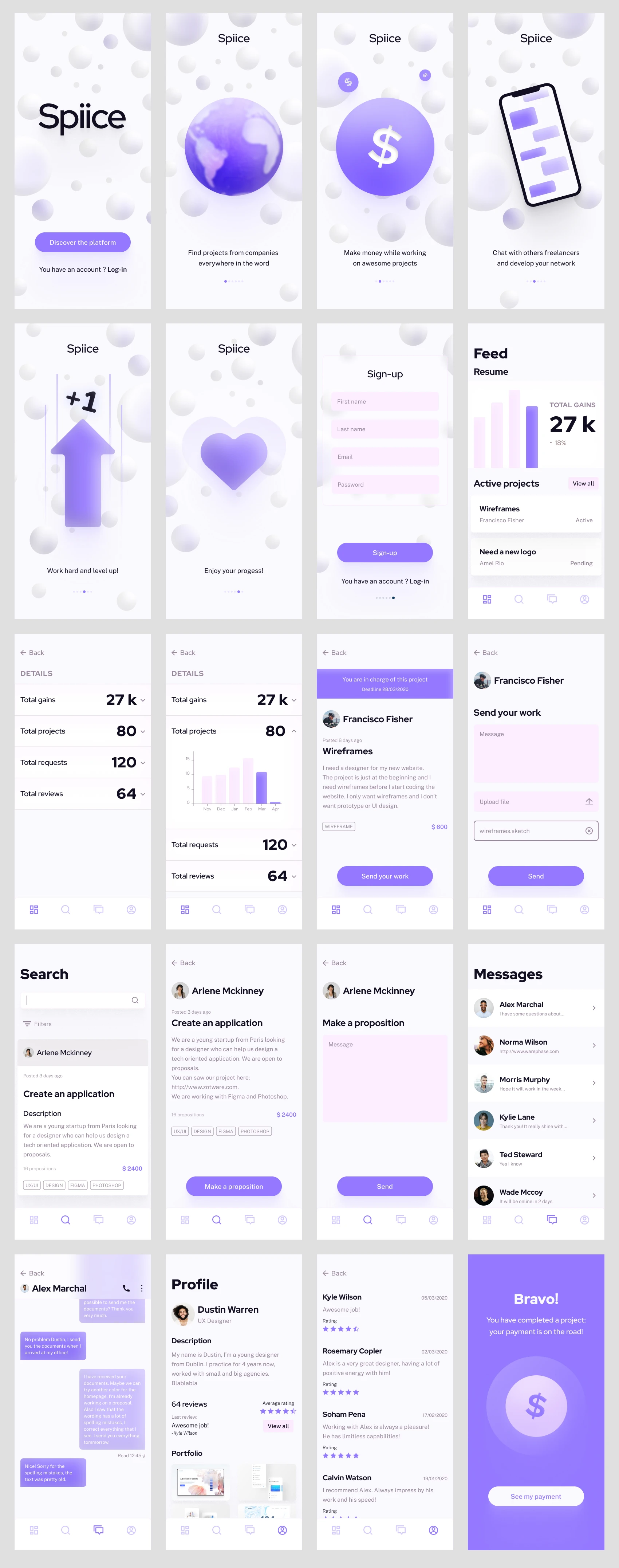 Freelance Platform UI Kit for Figma - A free UI kit composed of 20 screens in total with 5 exclusive illustrations. It’s free for personal work.