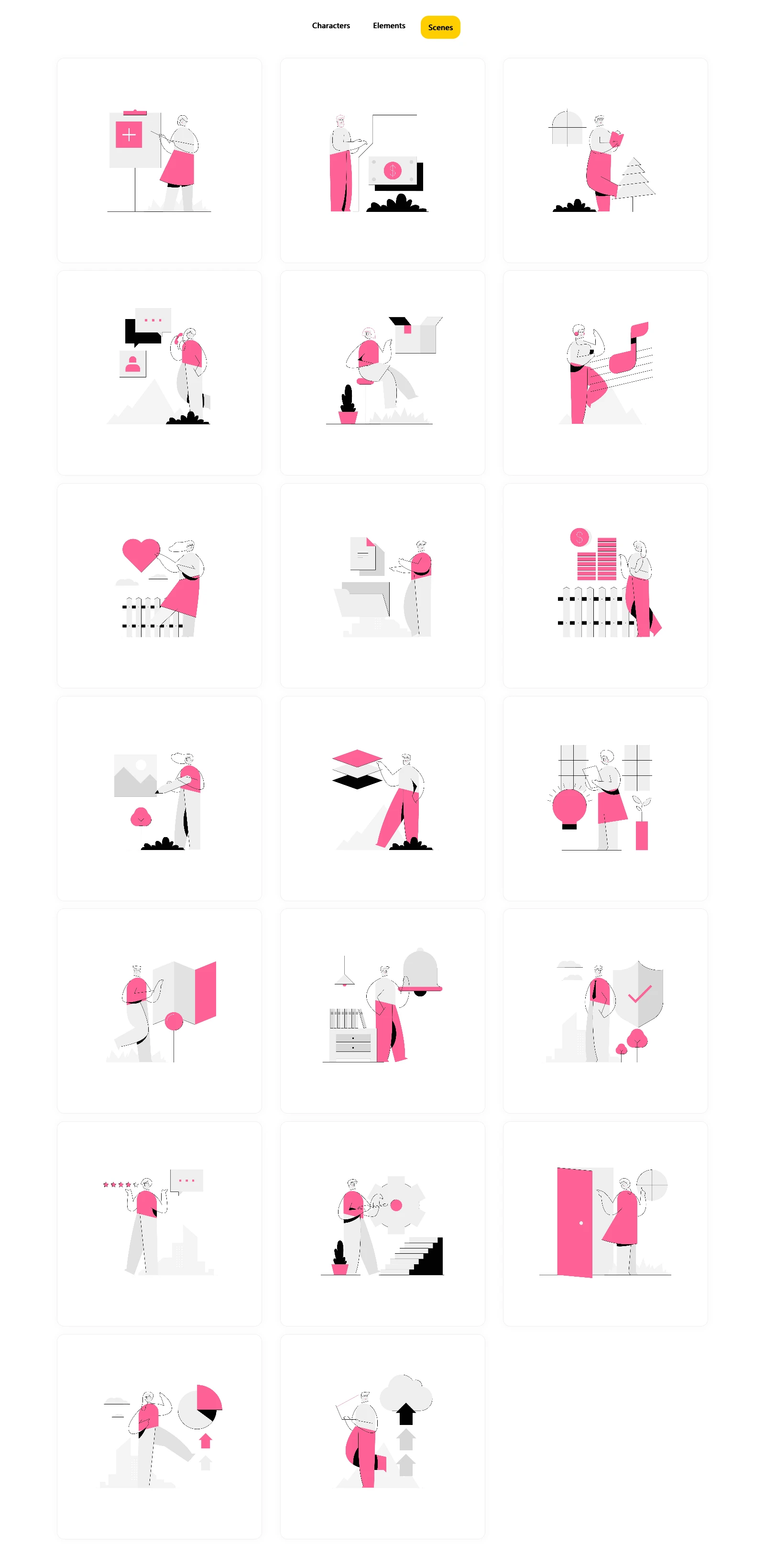 Ghost Free Illustrations - Minimal characters and scenes built using clean strokes and solid spaces. A perfect illustration pack to use for applications, websites and printed material...