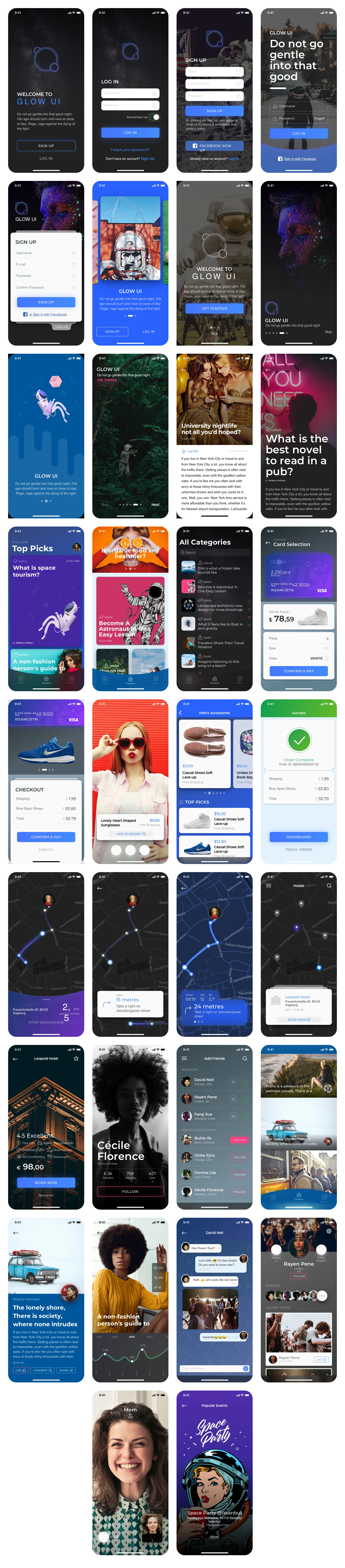 Glow UI Kit for Sketch - Glow's atomic structure provides you easily customize. Kit includes 60+ vector based design elements and 6 categories: Sign Up & Sign In, Walkthroughs, Navigation, Social, Magazine, Shopping. Glow UI Kit is free!