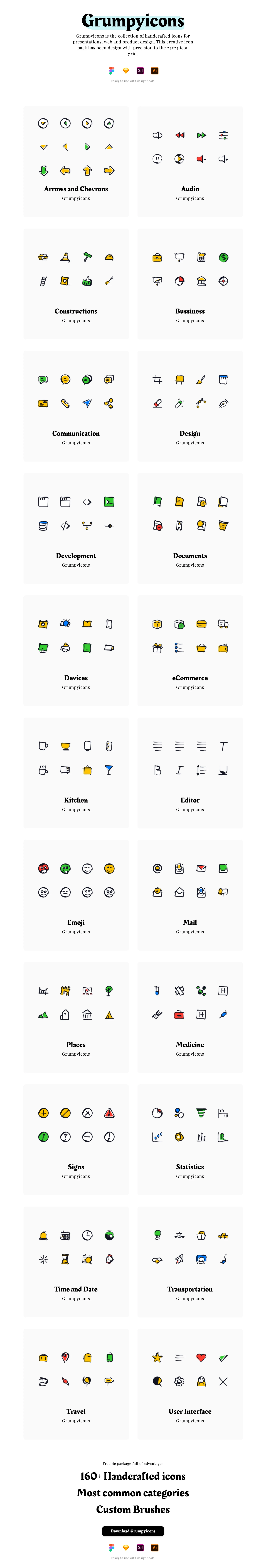 Grumpyicons Free Icons Pack - Grumpyicons is the collection of handcrafted icons for presentations, web and product design. This creative icon pack has been design with precision to the 24x24 icon grid.