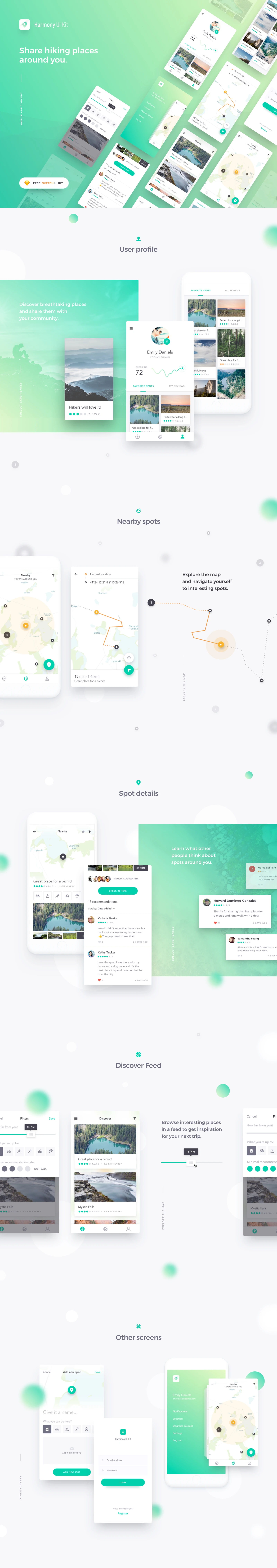 Harmony UI Kit for Sketch - Location-oriented mobile app concept to find, share and rate hiking places around you