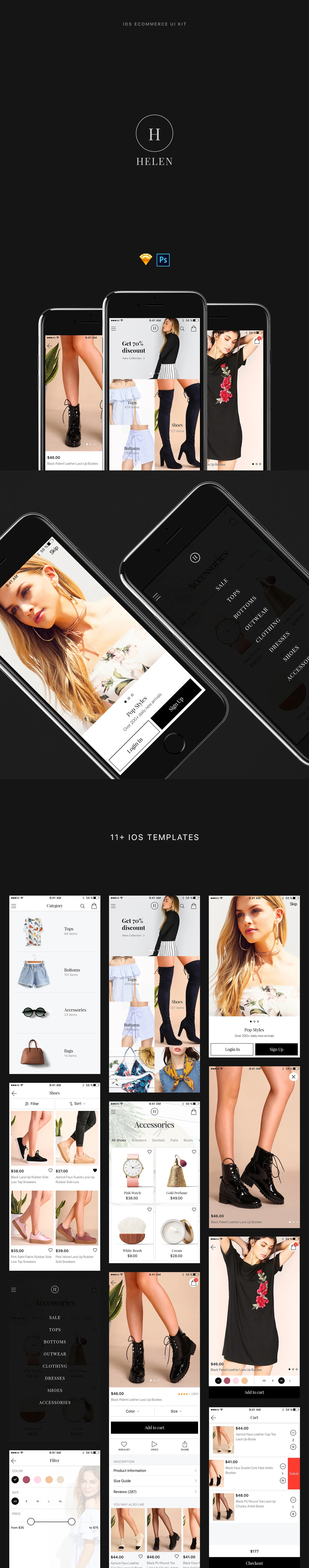 Helen Free iOS Ecommerce Ui Kit - Helen is a wonderful, professionally designed iOS ecommerce UI Kit for Sketch and Photoshop. All elements well organized into 11+ high-quality screens.
