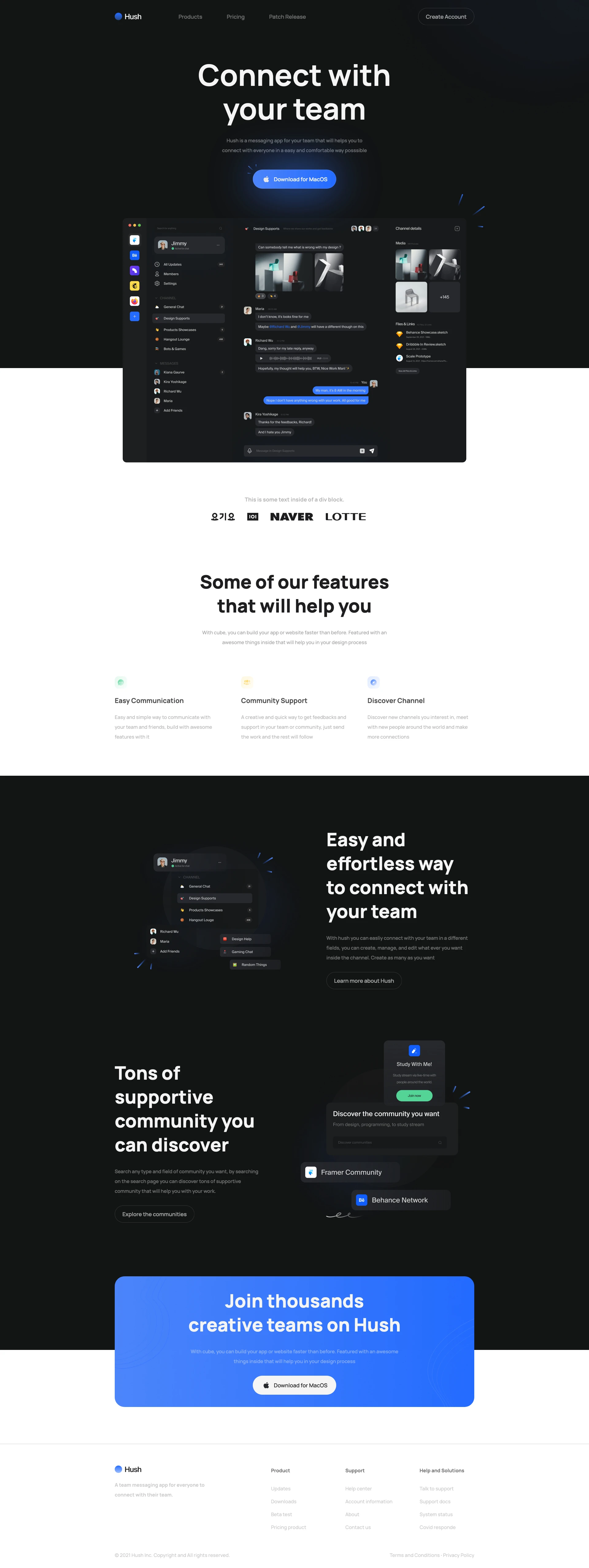 Hush - Free Webflow Template - Hush is a messaging app for your team that will helps you to connect with everyone in a easy and comfortable way posssible.