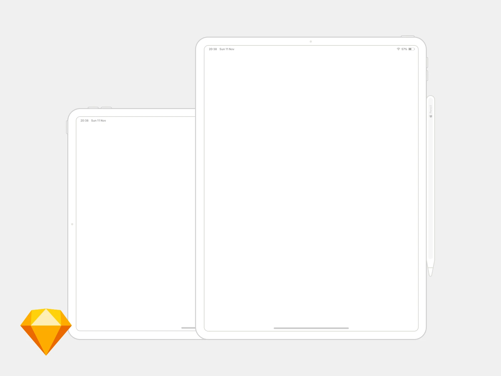 iPad Pro 12.9 Wireframe Mockup - It's an 12.9 inch model at 1/3 of the original pixel resolution for a smoother transition to real pixels. Includes an Apple Pencil. Available in landscape and portrait. Its all symbols so you can configure it however you'd like.