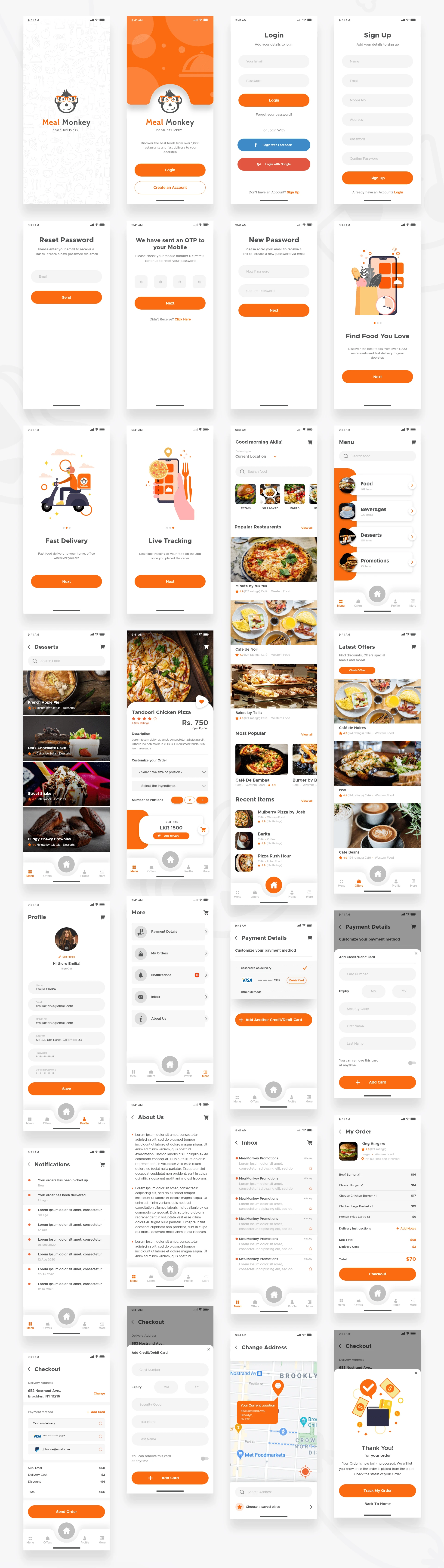 Food Delivery Free UI Kit for Adobe XD - Designed with the simplicity of mind. Meal Monkey app enables the user experience of a well planned UI/UX.