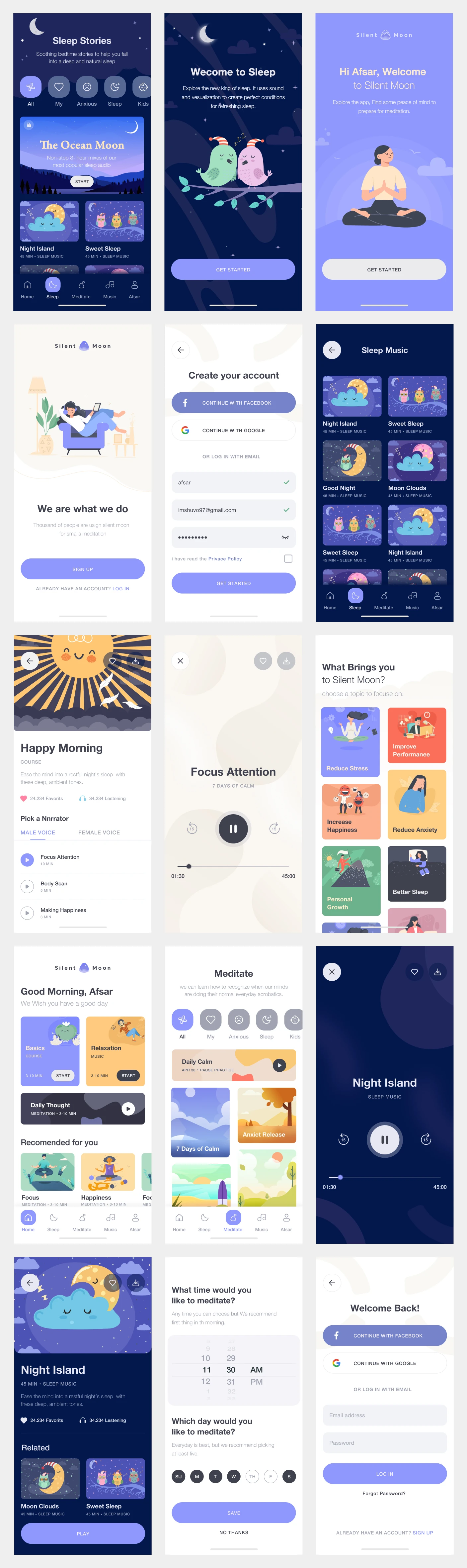Meditation Free App UI Kit for Figma - Meditation helps you to recover your original, true mind. This grows the inner power. There are thousands of benefits from making your mind healthy. We are working on a great meditation app where you can meditate properly in a very comfortable way. Minimal and clean app design, 15+ screens for you to get started.