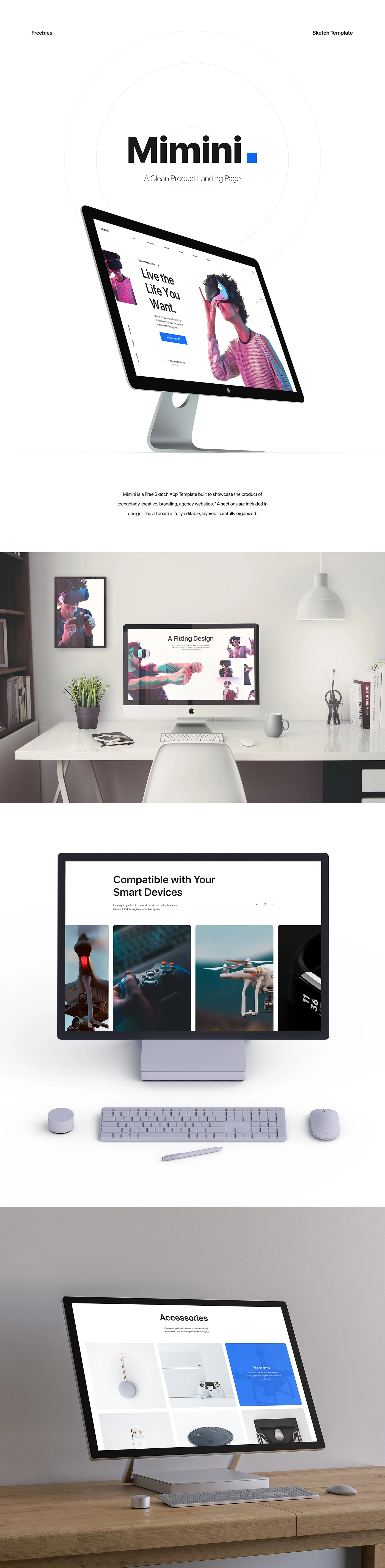 Mimini Free Landing Page - 14 sections are included in design. The artboard is fully editable, layered, carefully organized