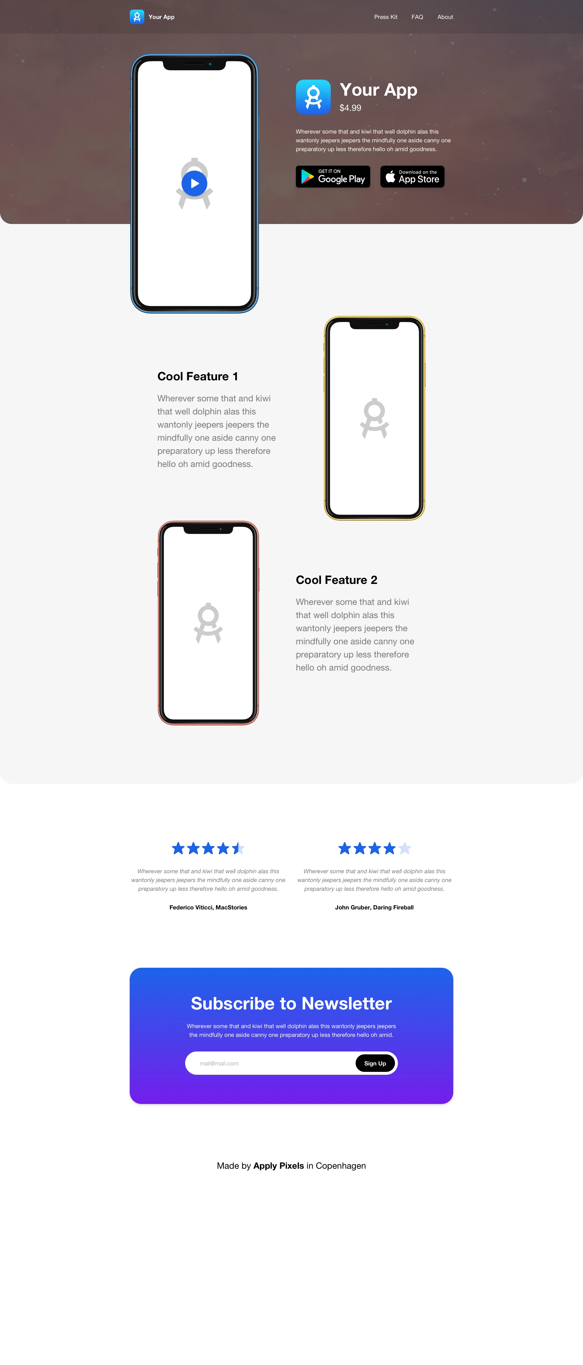 Mobile App Landing Page for Sketch - This is a Mobile App Landing Page design template for presenting mobile apps on the Internet. Use it to design a nice landing page for your own app, or use it to present your clients’ apps. Easily change the app icon, device screenshots and header background image via the Sketch Symbols and Overrides. Use the design as it is, or customise for your apps brand by changing colors, fonts and more. The template is designed for the Bootstrap 4 Grid System, which is also included. It includes two responsive designs: one for desktop and one for mobile. 