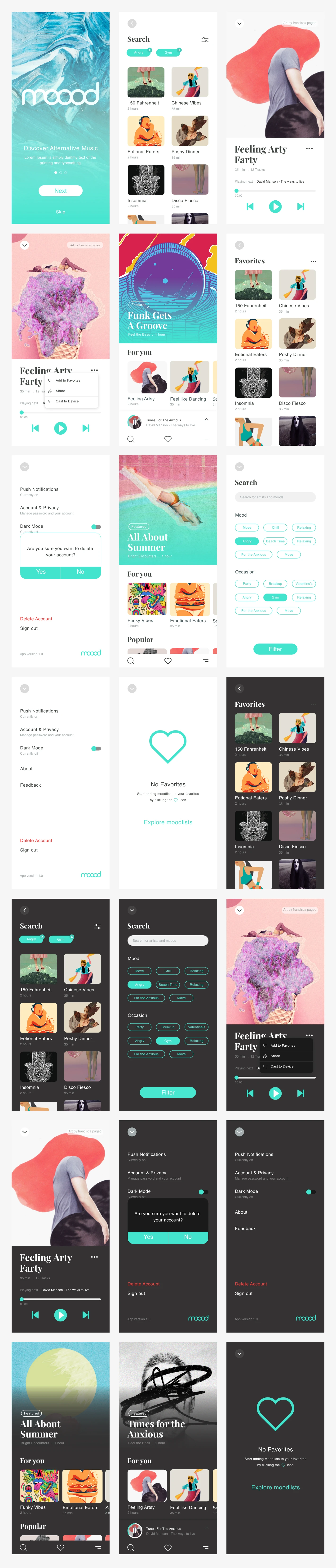 Moood Music App UI Kit for Adobe XD - A simple music and playlist kit made for Adobe XD. This UI Kit contains both light and dark version.