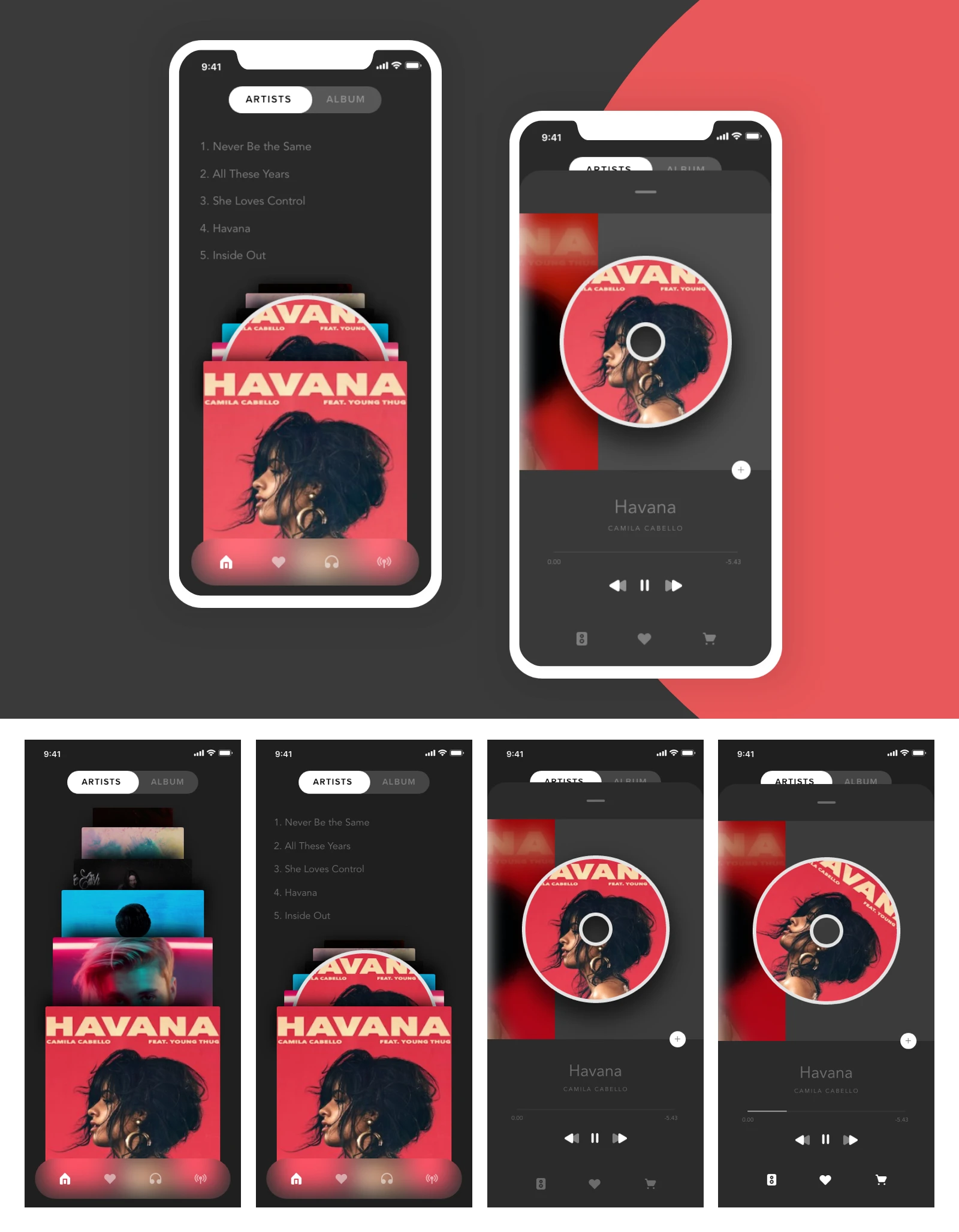 Music App Player for Adobe XD - Minimal and clean app design with prototype, 9 screens for you to get started.