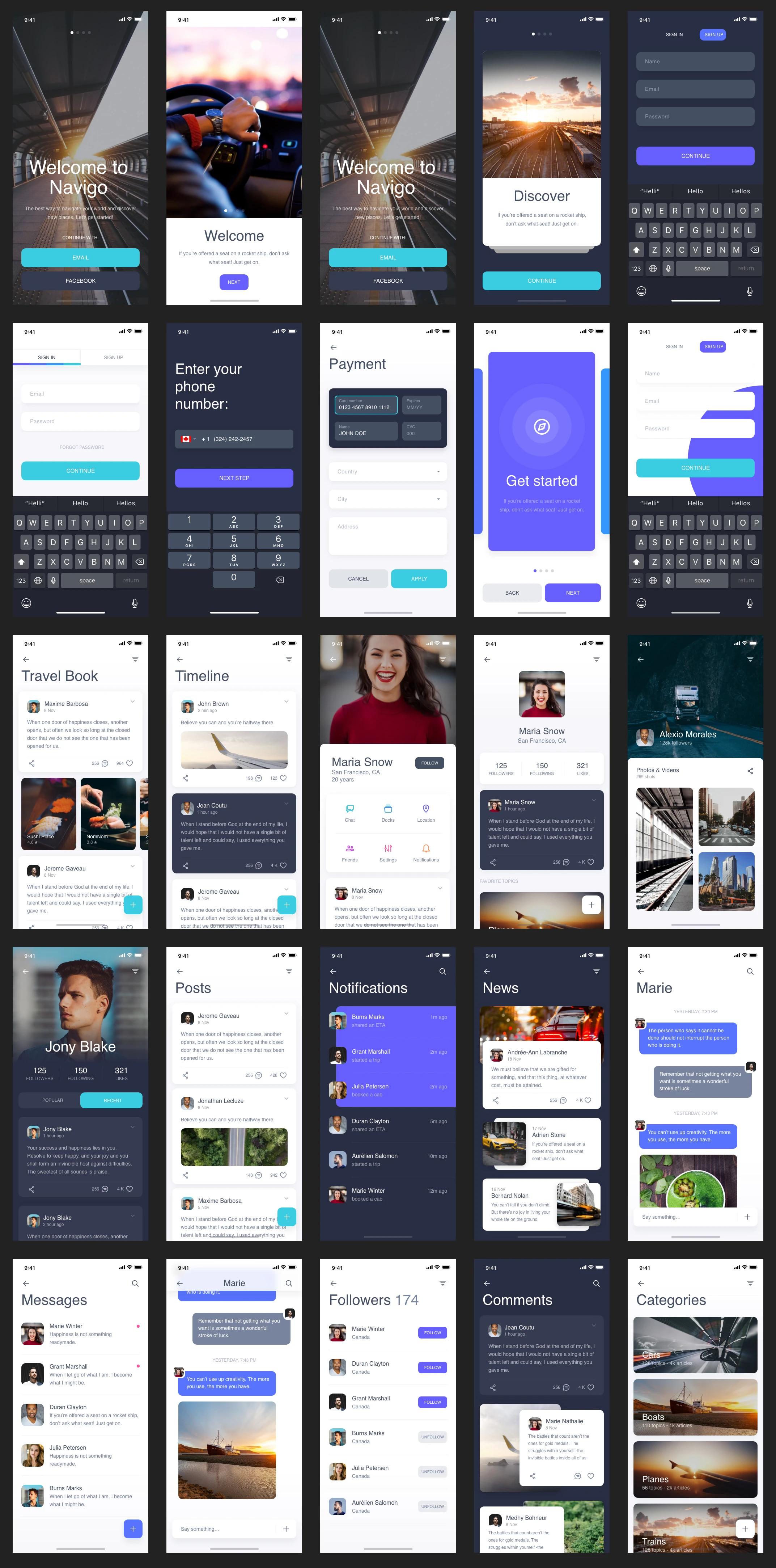 Navigo UI Kit for Adobe XD - Navigo is a free iOS UI Kit made for Adobe XD. It includes more than 60 screens organized in 6 categories and designed with a modern and colorful style.