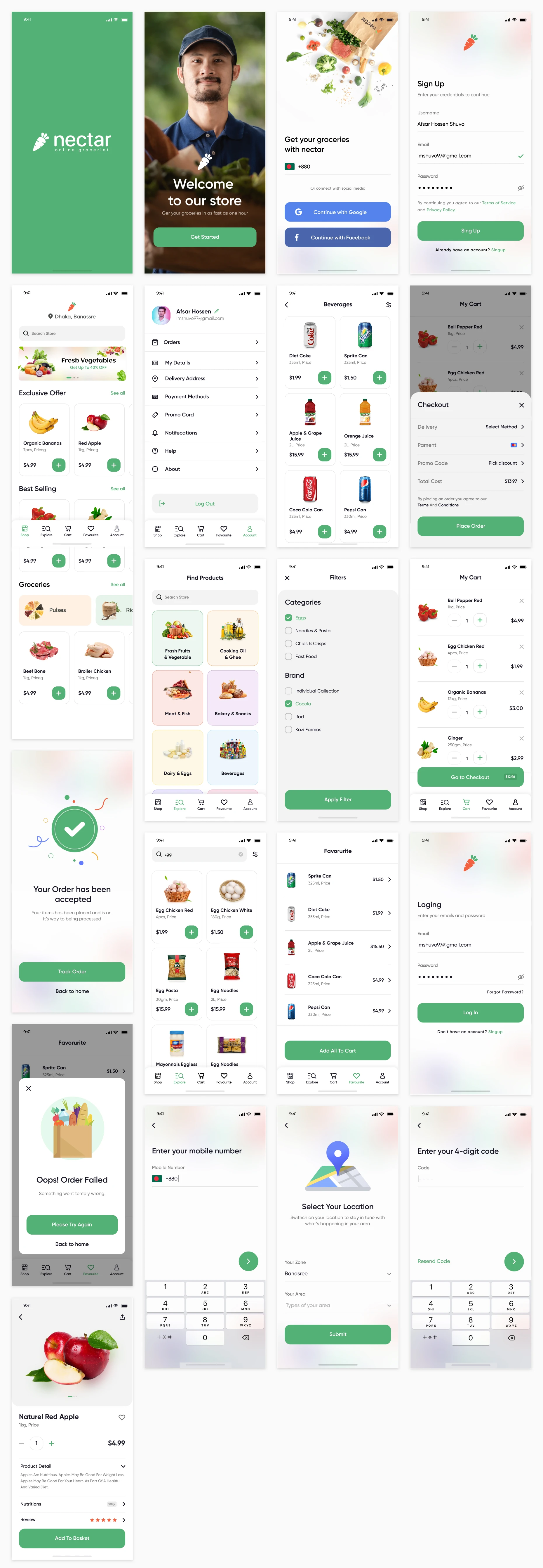 Online Groceries Free App UI Kit for Figma - Minimal and clean groceries app design, 20 screens for you to get started.