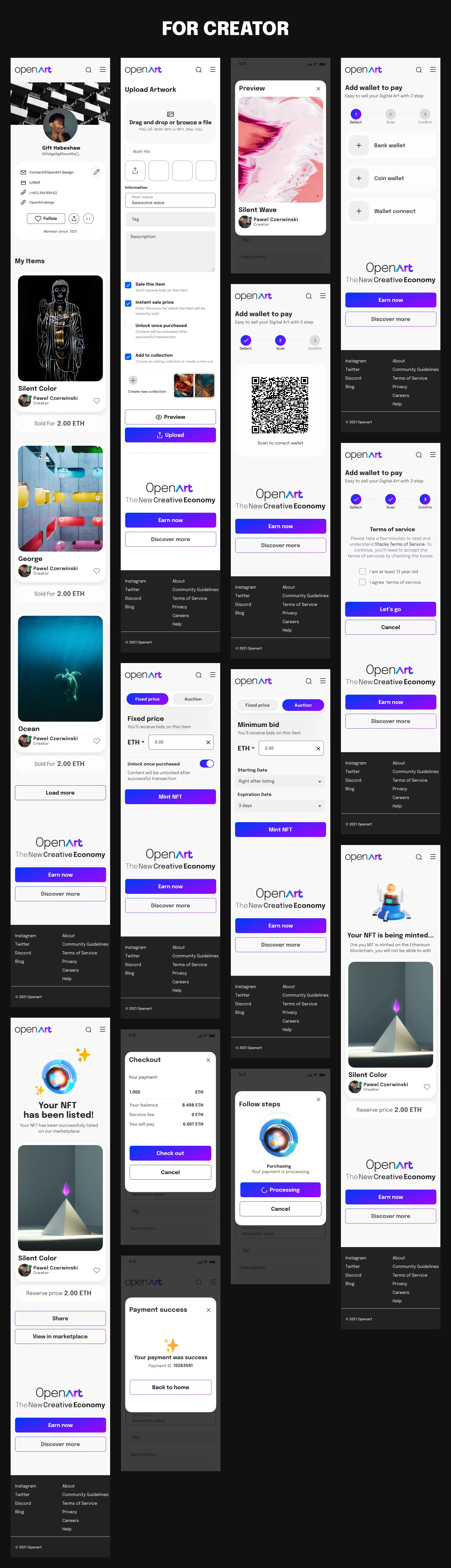Open Art - Free NFTs UI Kit for Figma - Create stunning NFTs applications with bulletproof guidelines and thoughtful components. Its library contains more than 50+ components supporting Light & Dark Mode and 60+ ready to use mobile screens.