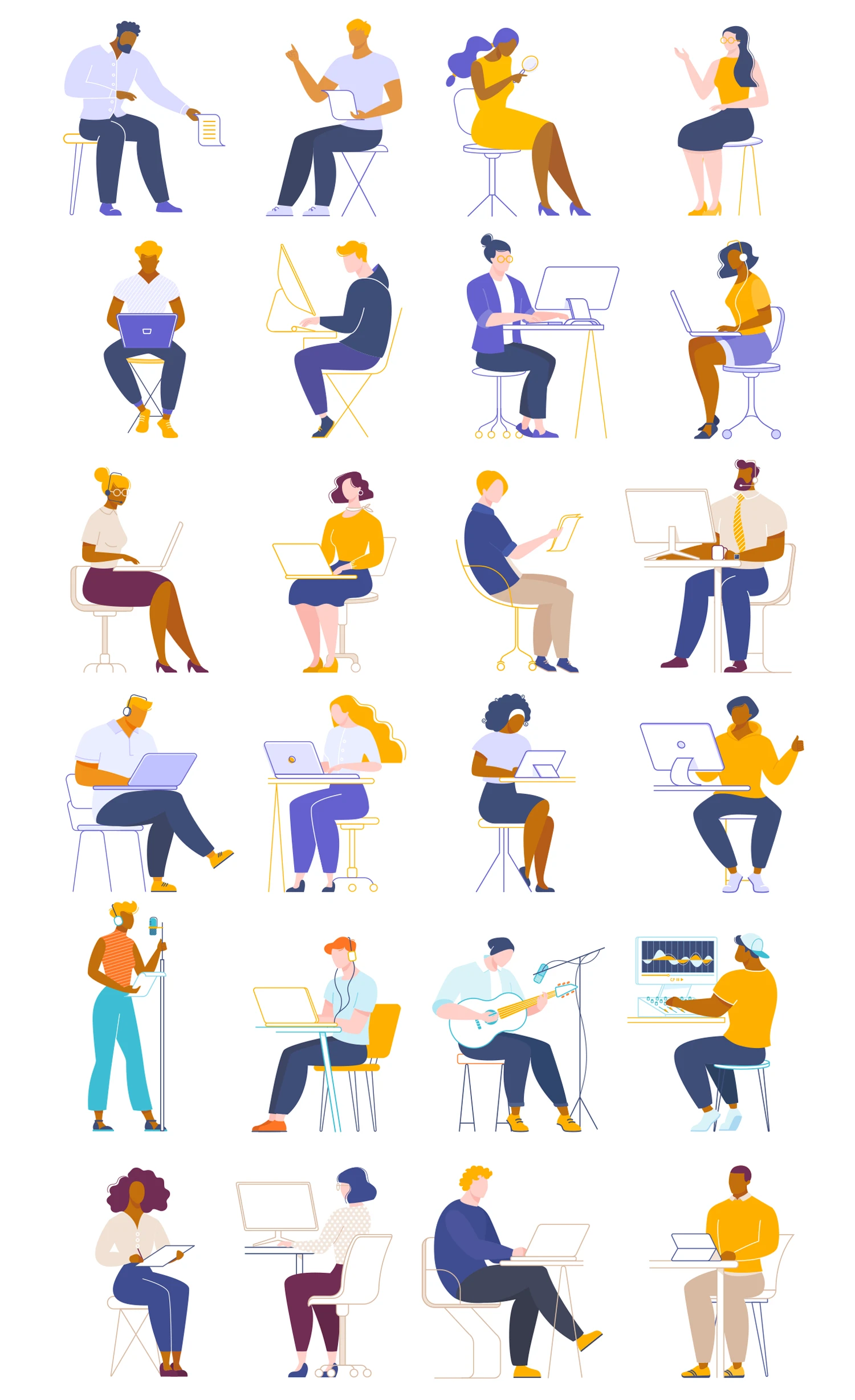 People Working Collaborating Illustrations - A free vector illustration pack of scenes and characters working, studying, typing, on calls, recording music, and creatively collaborating. No credit or attribution is needed, these illustrations are free to use for commercial and personal projects.