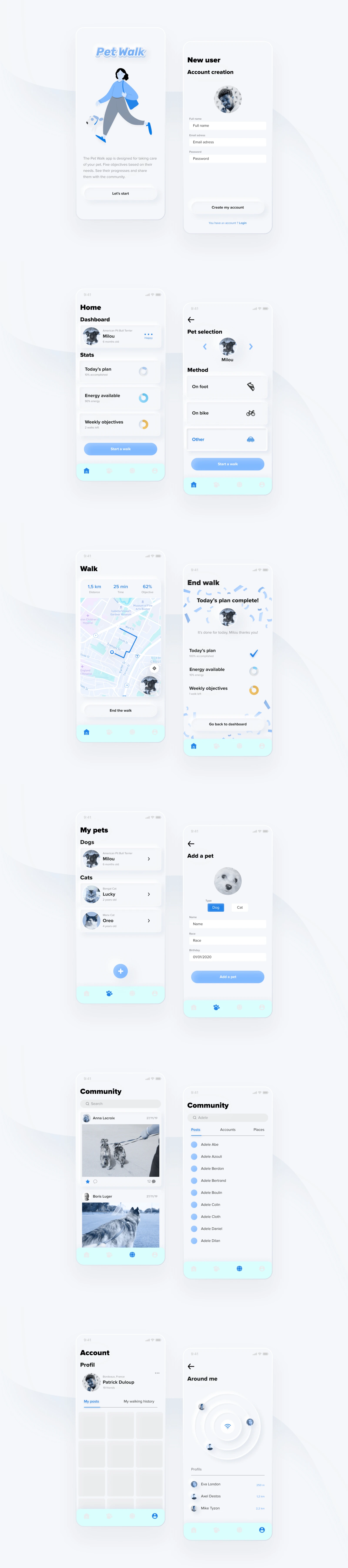 Pet Walk App UI Kit for Figma - It is an application dedicated to your pets: monitor their health, share their progress with the community and improve their lives. The kit is free for personal projects. 12 screens for you to get started.