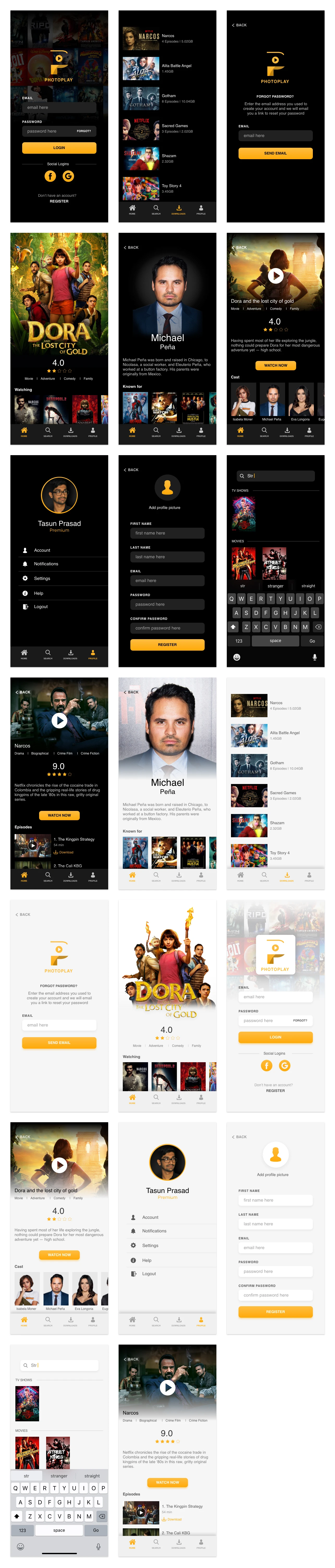 Photoplay Free UI Kit for Adobe XD - A movie and TV Show streaming mobile UI Kit. Minimal and clean app design, 20 screens for you to get started.