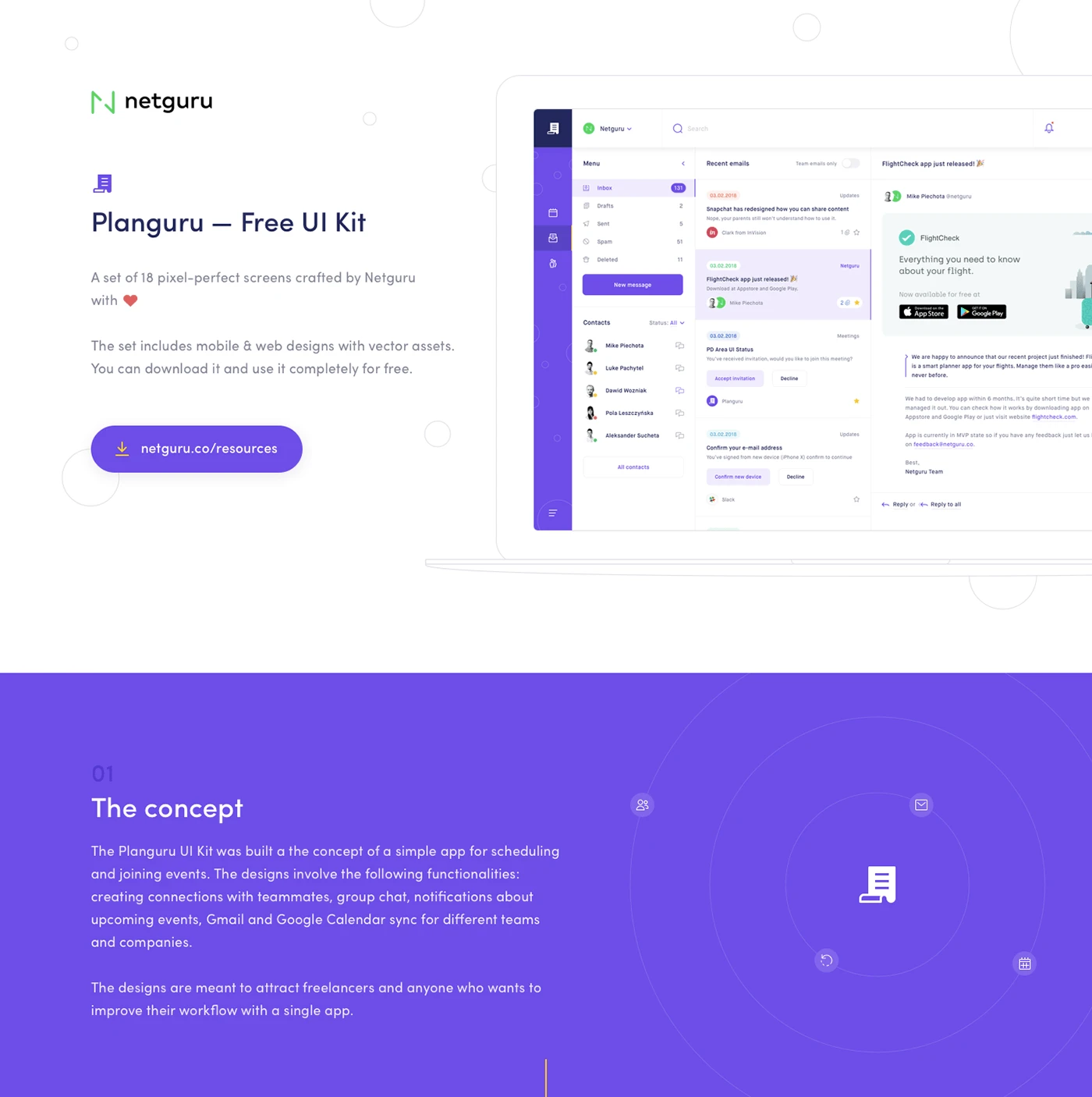 Planguru Free UI Kit - 18 beautiful screens designed in Sketch, ready for use in personal and professional projects