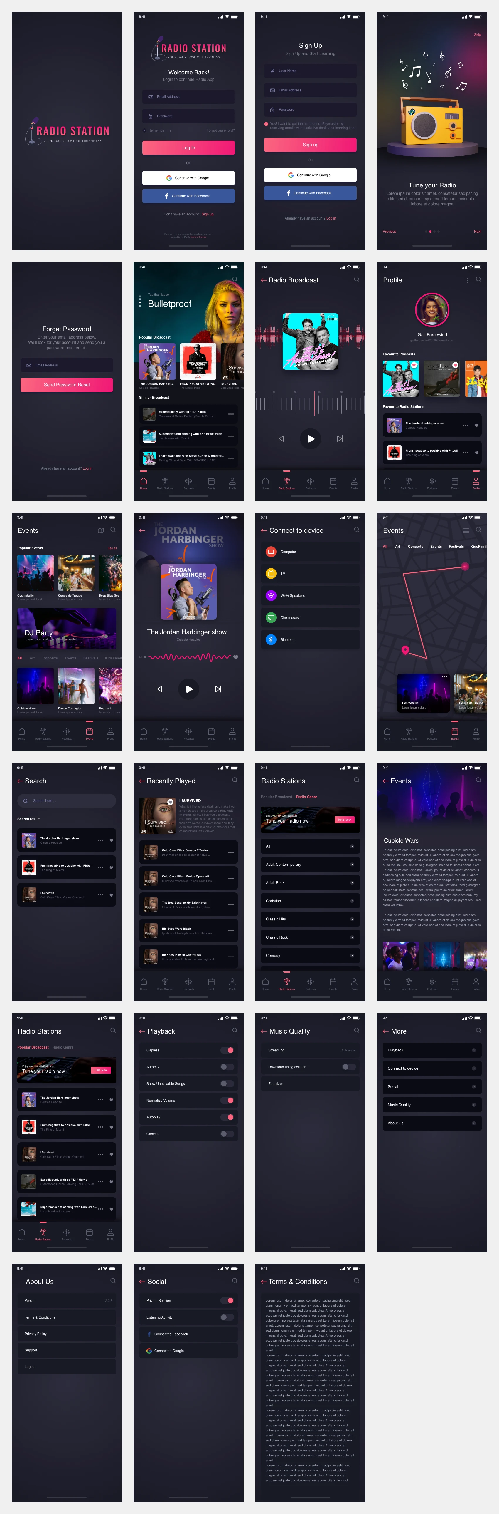 Podcast App Free UI Kit for Adobe XD - The Podcast is a free UI kit consist of 23 radio app screens which can help you to boost your design process. Easy to customize to fit your style. Also, this is a clean & minimal UI kit for mobile with a dark mode style.