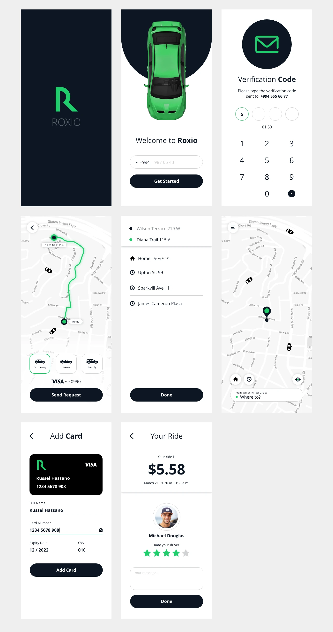 Roxio - Free Taxi App for Adobe Xd - Minimal and clean app design, 8 screens for you to get started. #MadeWithAdobeXD