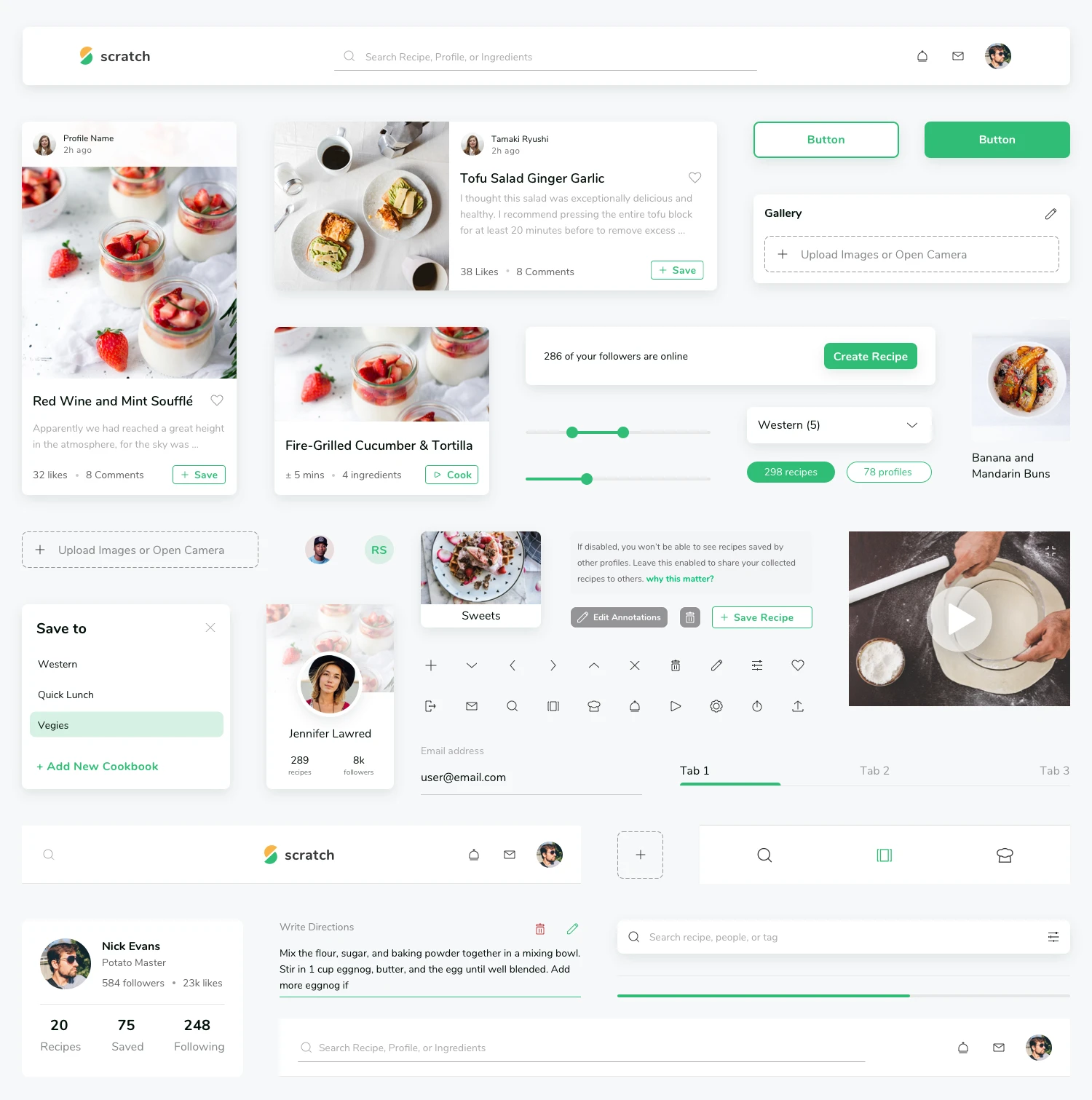 Scratch Recipe UI Kit - The Scratch UI Kit has all you need to build a recipe book that would make your Grandma jealous. Browse, collect, edit, and share recipes with your network, find what’s trending, then take the app into the kitchen.