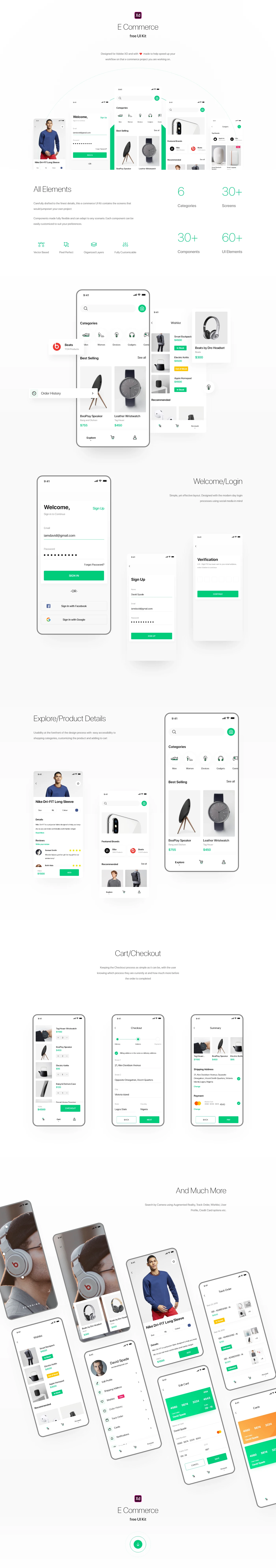 Shopping UI Kit for Adobe XD - Minimal and clean shopping app design, 30+ screens for you to get started. Each element is fully vector based, with pixel-perfect construction, well organized in layers, and made fully flexible so that it can be adapted to any projects.
