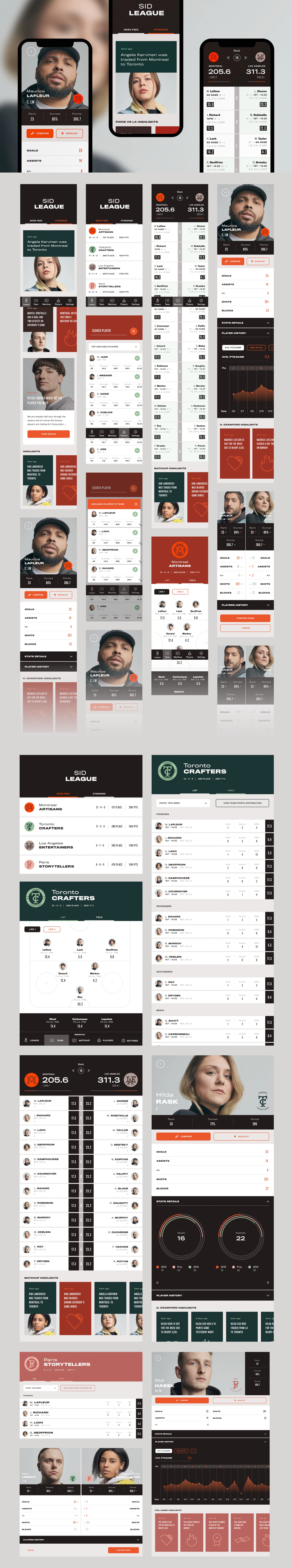 Sid League UI Kit for Adobe XD - Sid League is a UI toolkit that combines our Montréal studio’s three greatest passions: Craftsmanship, cutting-edge design and ice hockey.