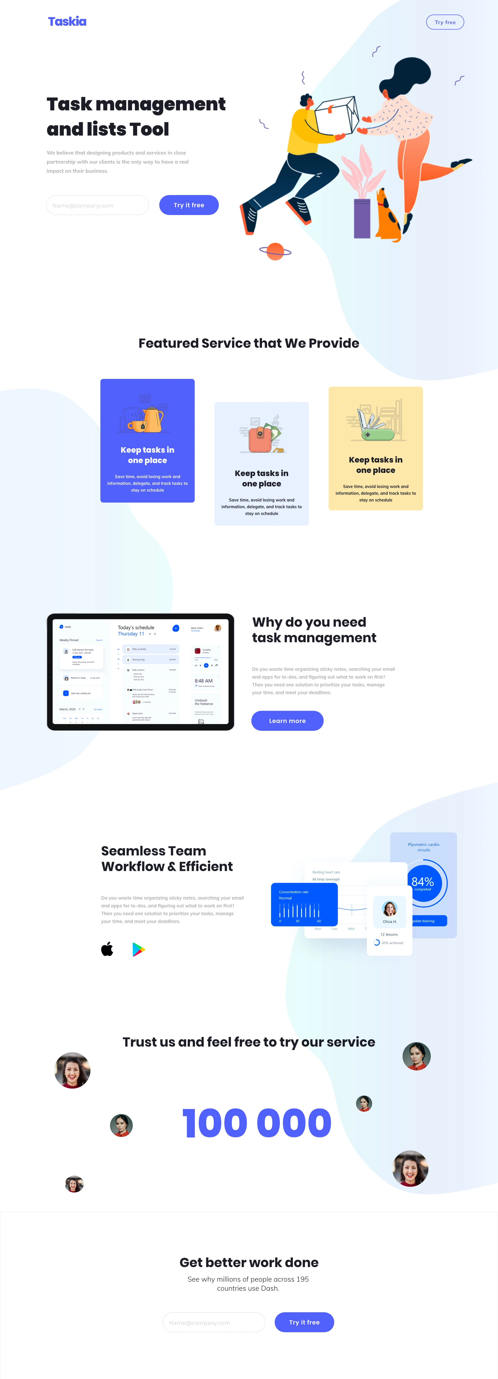 Taskia - Free Landing Page for Adobe XD - Elegant and clean landing page design for any kind of your project.