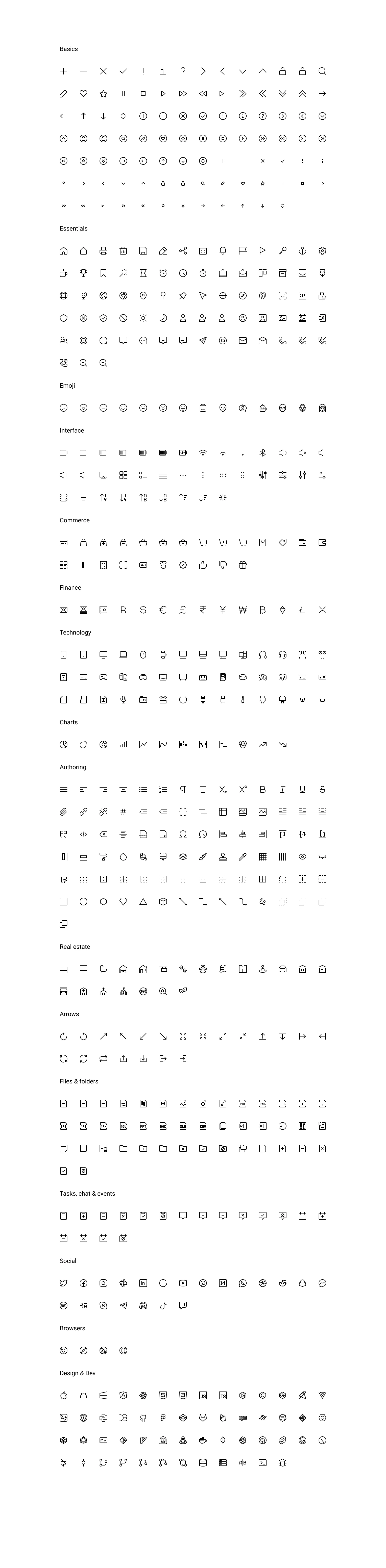 Teenyicons - Free Icon Set for Figma - Teenyicons is an awesome icon set with 1160 free icons both outlined and solid styles. 1px stroke is editable. The extensive library of the icons includes the following categories: Basics, Essentials, Emoji, Interface, Commerce, Technology, Authoring, Real estate, Arrows, Files & folders, Tasks, chat & events, Social, Browsers, Design & Dev.