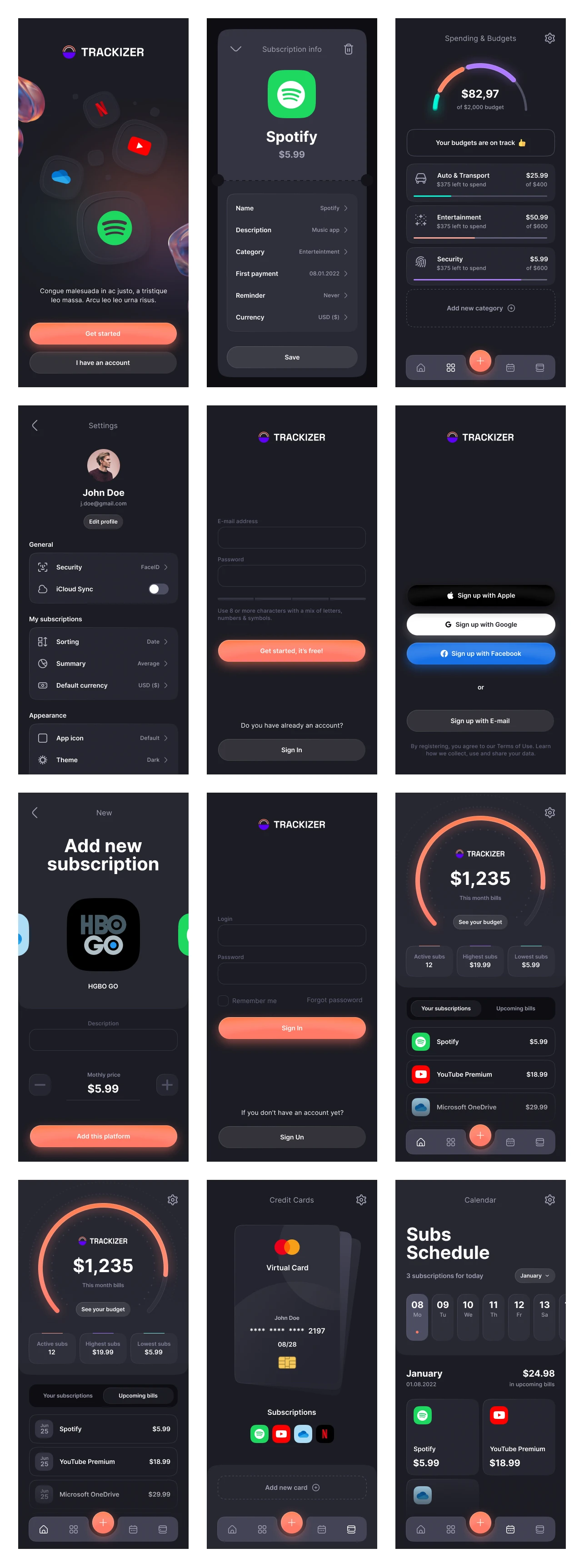 Trackizer - Free App UI Kit for Figma - Trackizer is a free subscription tracker app. It is a simple, easy to use, and beautiful UI kit for Figma.