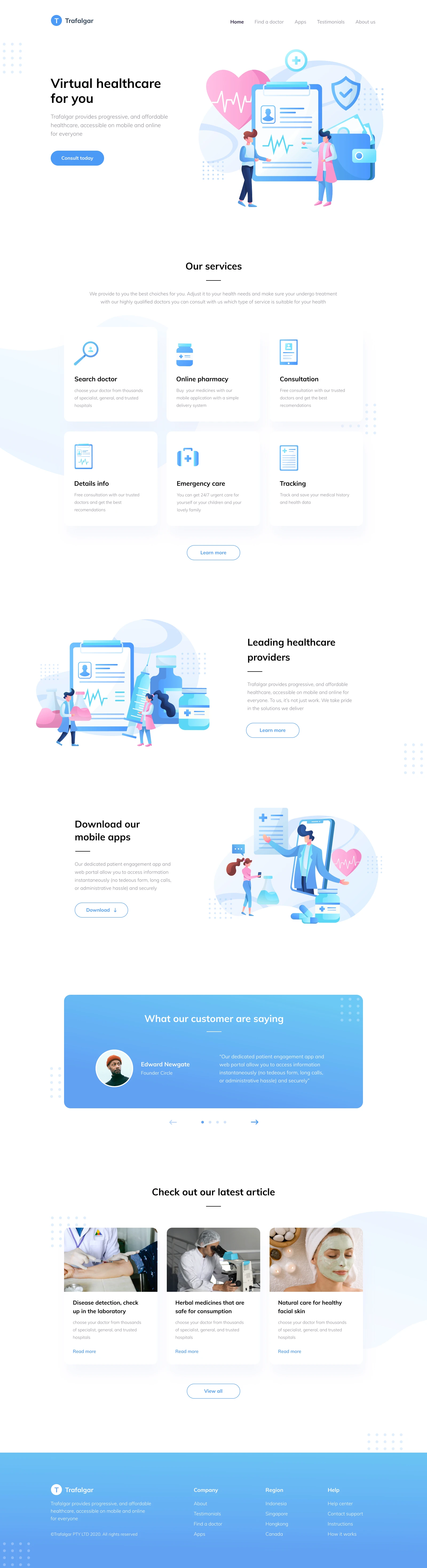 Trafalgar Landing Page for Figma - Trafalgar is a landing page for a one-stop healthcare solution. Elegant and clean landing page design for Figma.