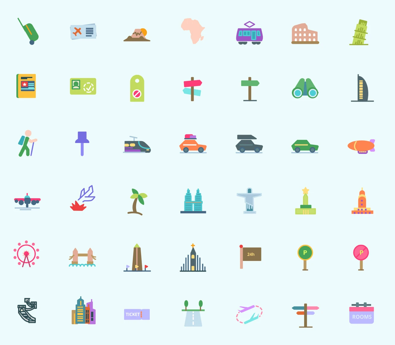 Travel Free Icon Pack - 96 custom, colorful travel icons that will fuel wanderlust. Perfect for adding personality to your travel app, hotel website, travel publication, ecommerce site, or travel-themed content.