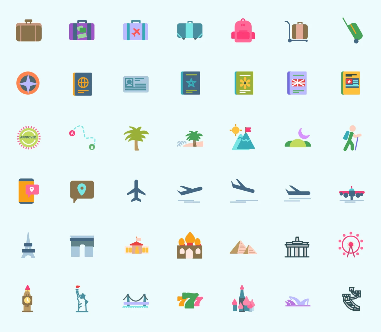 Travel Free Icon Pack - 96 custom, colorful travel icons that will fuel wanderlust. Perfect for adding personality to your travel app, hotel website, travel publication, ecommerce site, or travel-themed content.