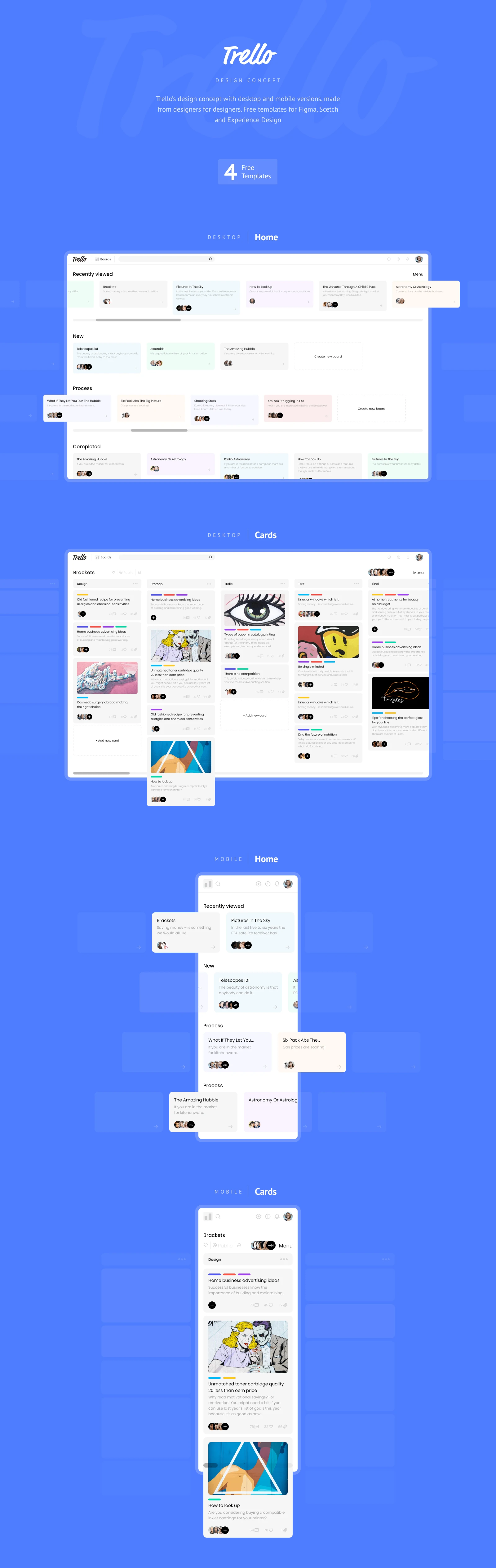 Trello Design Concept - The pack includes 4 free desktop & mobile templates with modern and catchy design. Use this concept for your projects or to get design inspiration. Trello concept is supported by Sketch, Figma, and XD. Also, it’s totally free for personal and commercial use.