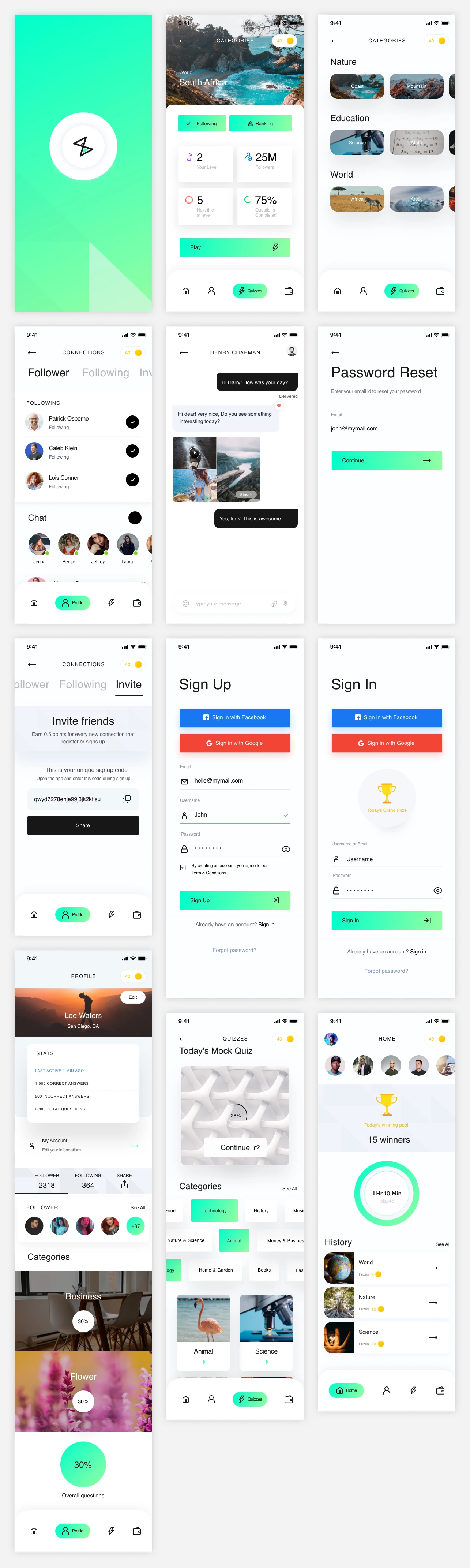 Trivia App Free UI Kit for Adobe XD - Trivia App is free mobile UI Kit designed exclusively for Adobe XD. It features 25+ mobile screen pages to get you started on your projects.