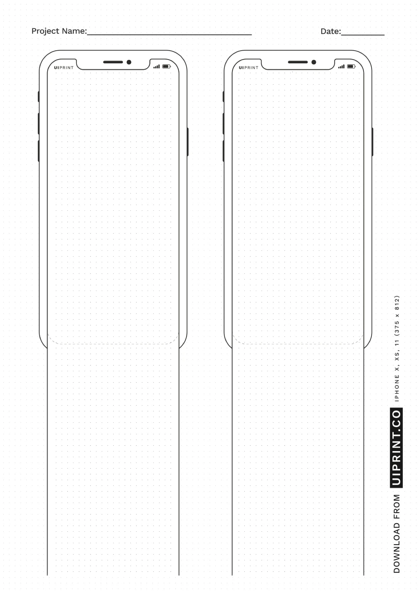 uiprint - Printable Mockups and Sketchpads - Collection of printable wireframe, mockup and dot grid sketchpad templates. All mobile mocks are mapped with original iPhone X, XS, 11Pro Screen size. You can download all templates in both A4 and Letter Size.