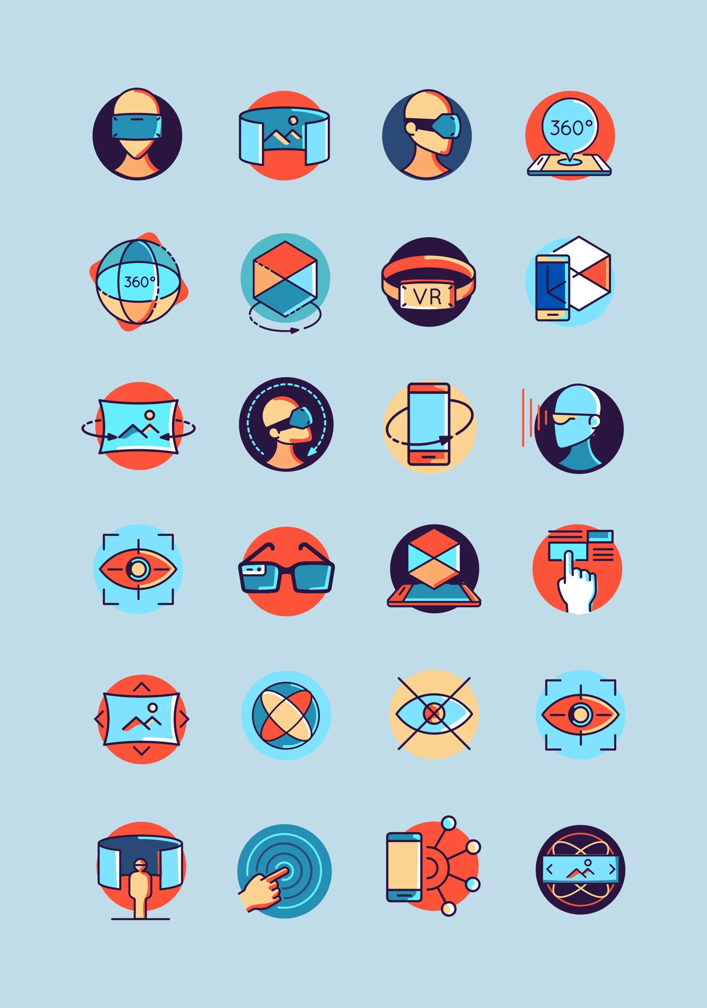 Virtual Reality Free Icon Pack - Get 48 colorful virtual and augmented reality icons. Perfect for your next virtual reality-themed project. Also great for designers working on a gaming or esports app.