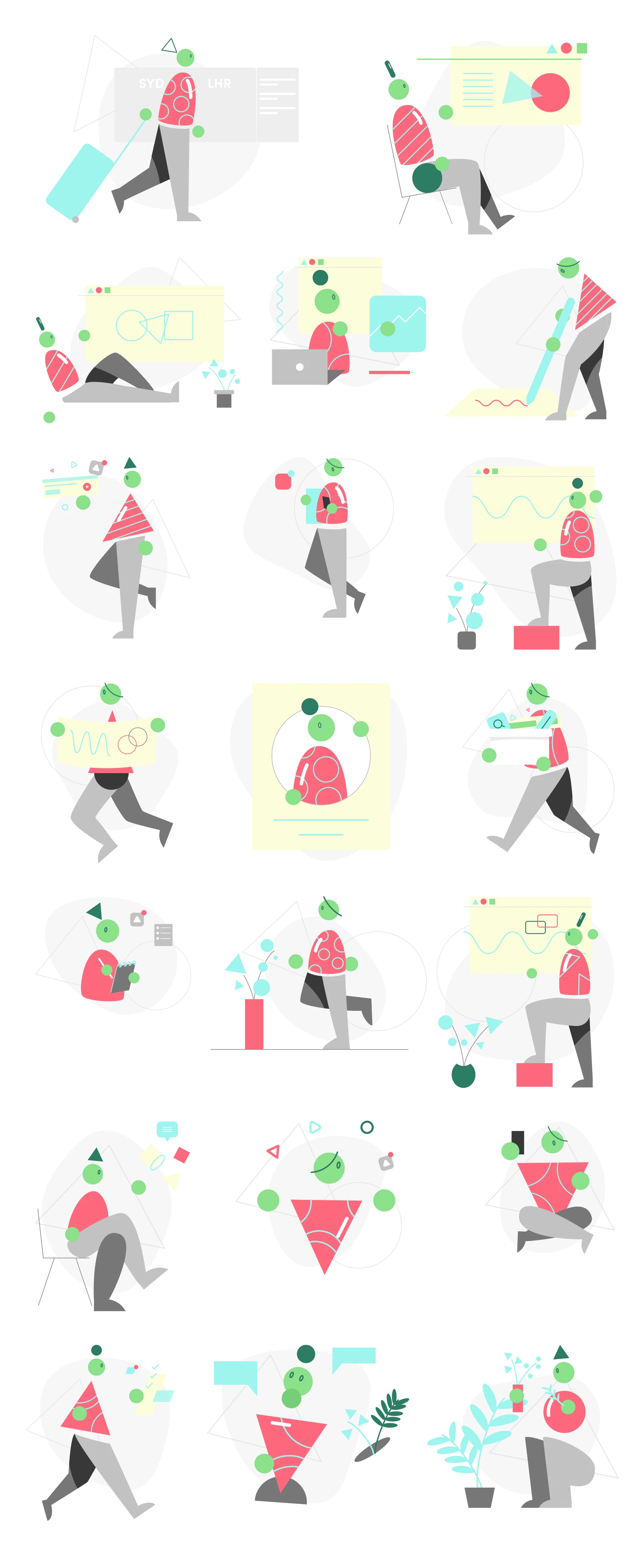 Watermelon Free Illustrations - 20 creative, abstract illustrations featuring interesting characters and motions, ready to make your next startup, website, or project shine.‍ Every illustration in this pack is a 100% vector SVG and can be scaled to any size. Everything can be customised, from colour, to layouts, to backgrounds, scenes, devices, characters, and more, using any vector editing program.