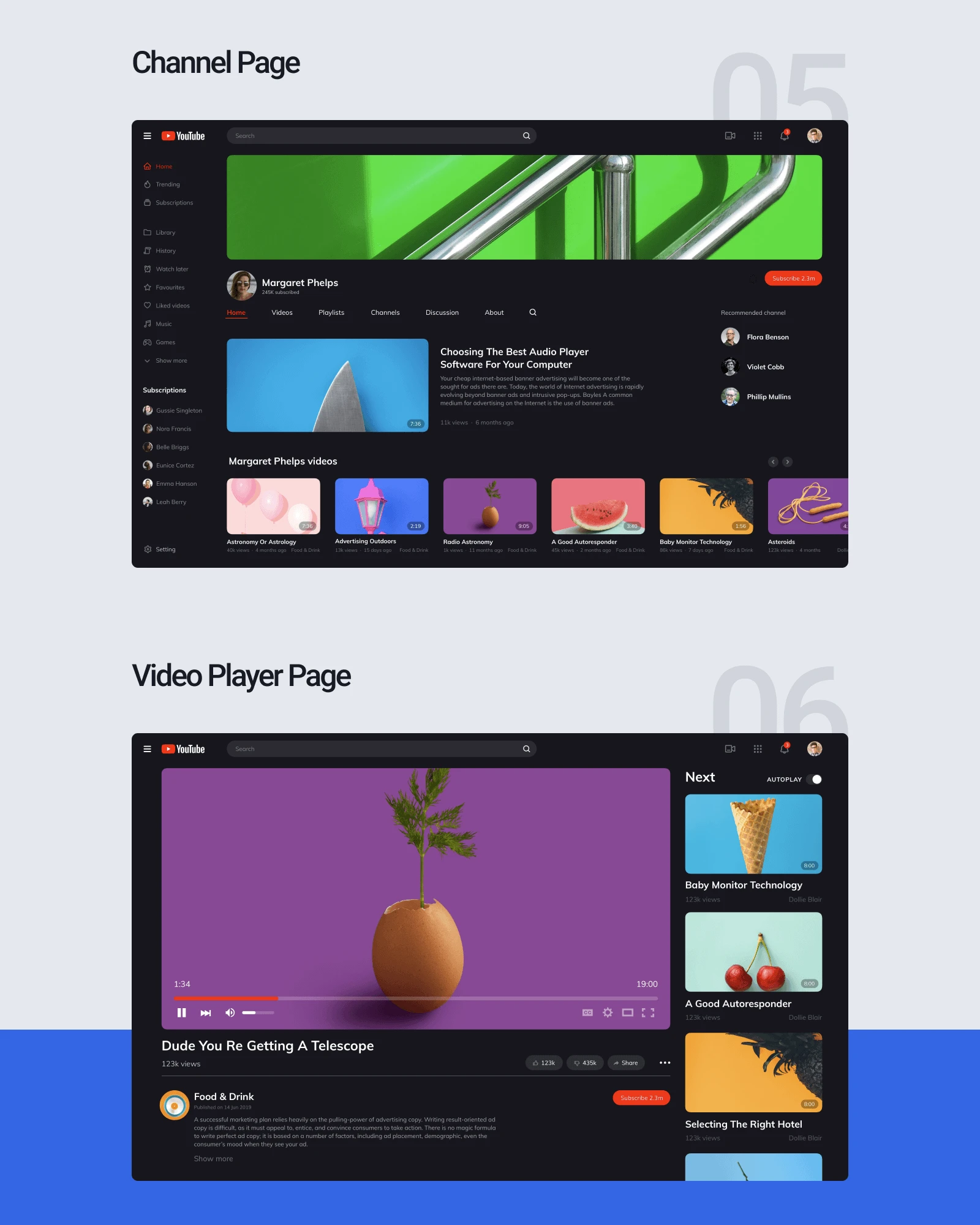 YouTube Redesign Concept - Introducing concept on YouTube redesign. In the new version of this web service, we made it more clear and minimalistic, so any user who will visit the website will easily manage to use it.